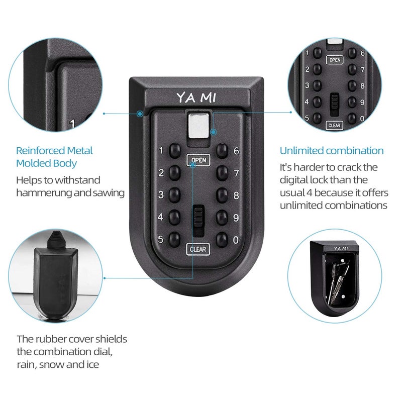 YA MI Exterior Outdoor Waterproof Hide Wall Mounted Key Safe Box - House use Key Storage Lock Box,Key Lock Box(Black) - Image 3
